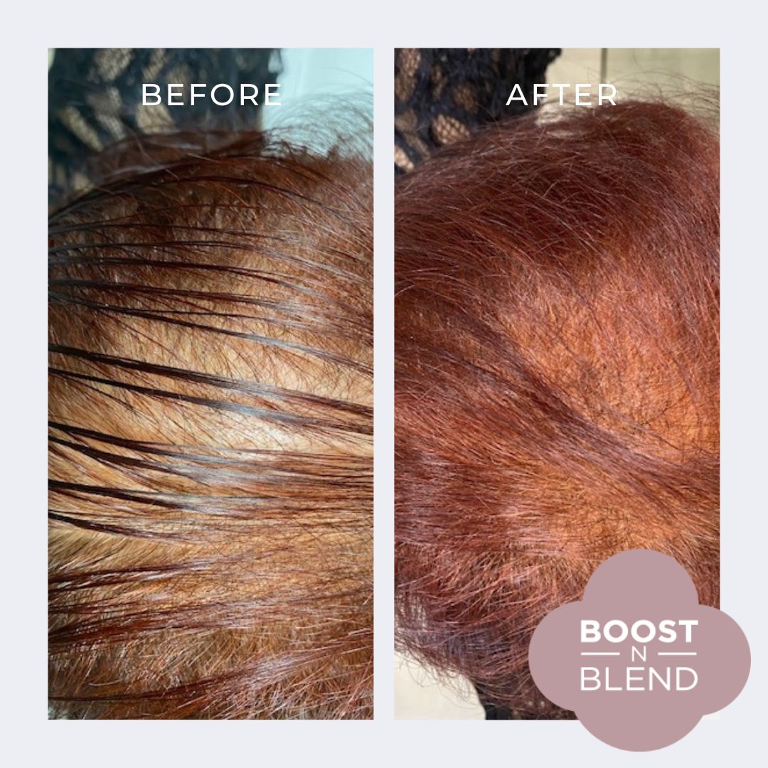 Before and After Boost N Blend #colour_warm-cinnamon-brown