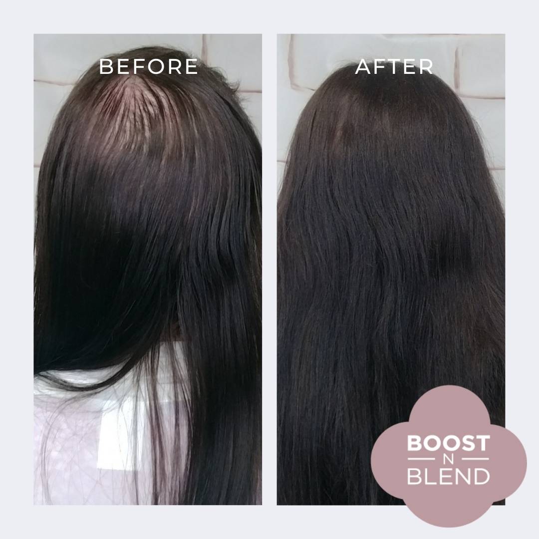 Dusky Dark Brown Boost N Blend Hair Fibres Before and After