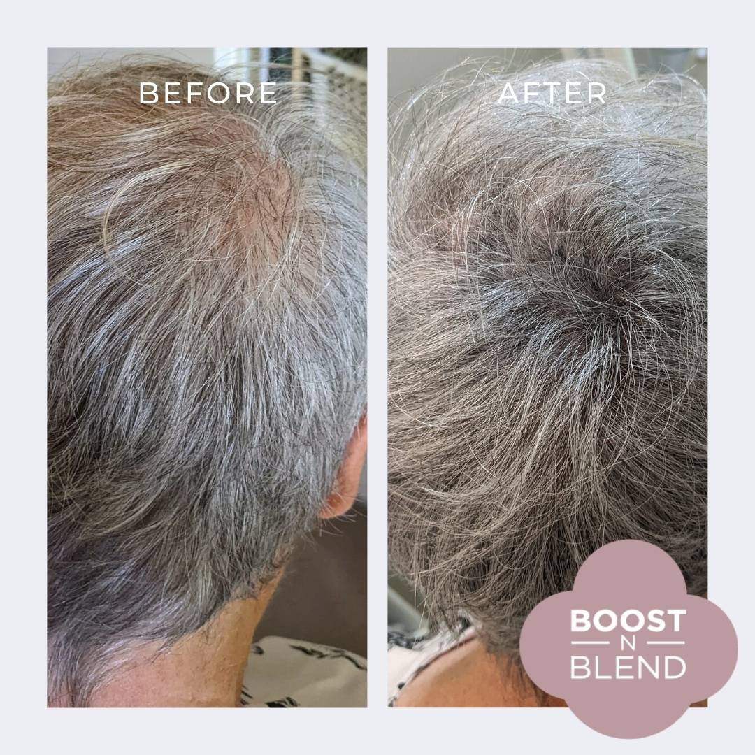 Light Grey Boost N Blend Hair Fibres Before and After